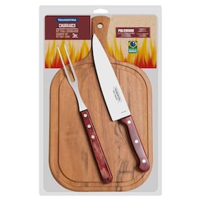 Kit Para Churrasco Em Aço Inox E Cabo Vermelho Polywood Com Tábua De Madeira 3 Peças
