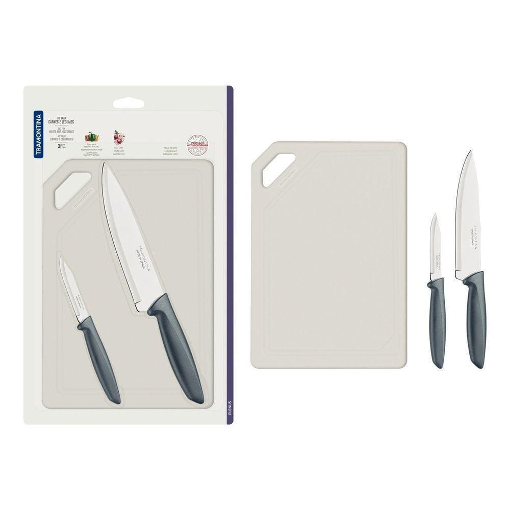 Kit Para Carnes E Legumes Plenus Em Aço Inox Cabos Cinza E Tábua De Corte 3 Peças