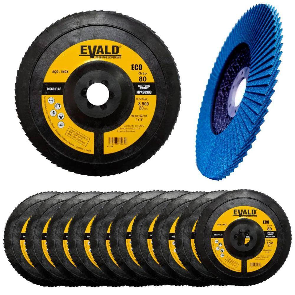 Disco de Lixa Flap Zirconio 7 POL 180 mm Aço Inox Grão 80 Kit 10 Unidades EVALD