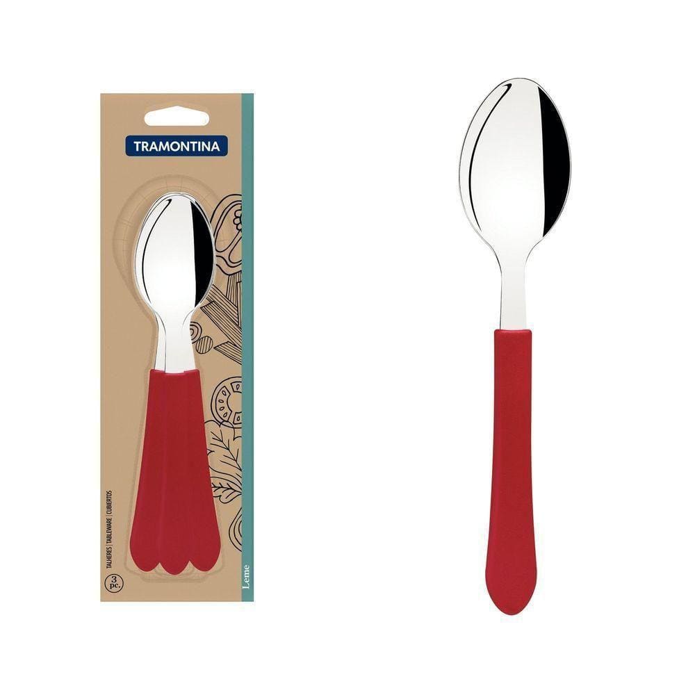 Conjunto De Colheres De Mesa Leme Com Lâminas Em Aço Inox E Cabo Vermelho 3 Peças