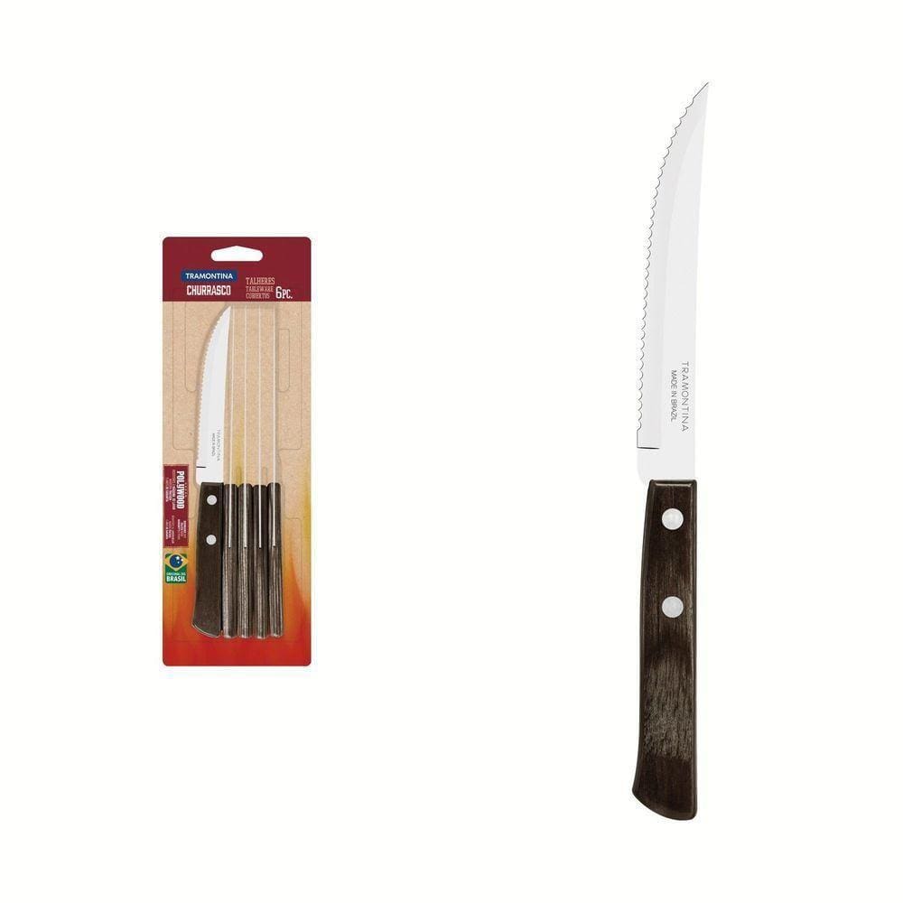 Conjunto De Facas Para Churrasco 5" Em Aço Inox Com Cabo Castanho Polywood 6 Peças