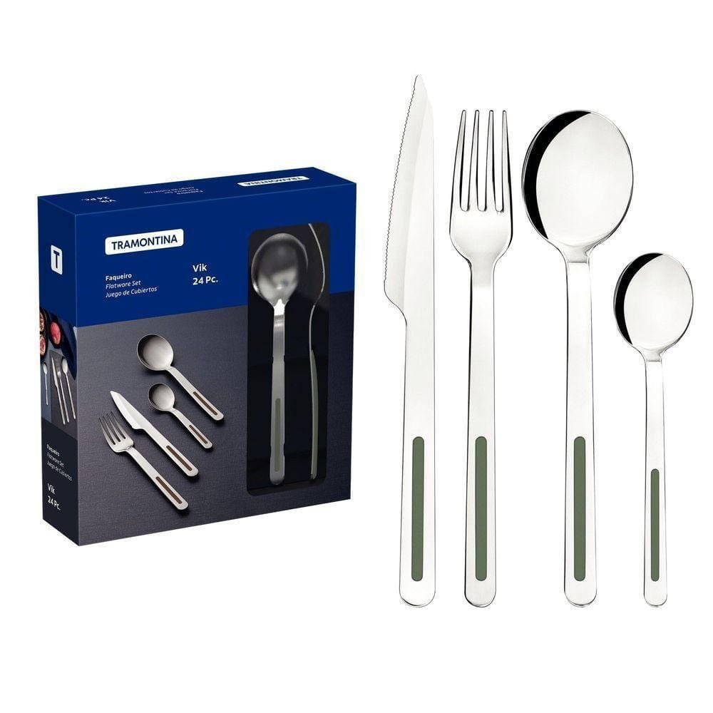 Faqueiro Tramontina Vik Em Aço Inox Com Detalhes Em Polipropileno Oliva 24 Peças Tramontina