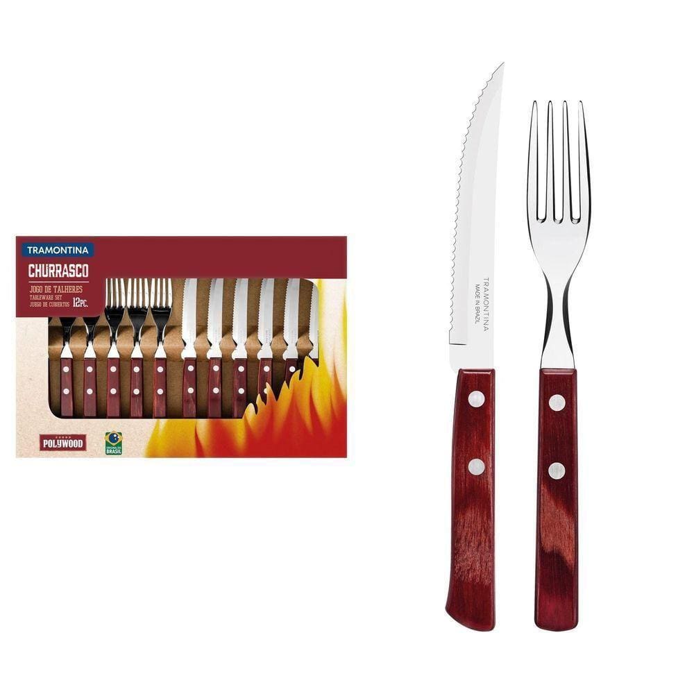 Jogo De Talheres Para Churrasco Em Aço Inox E Cabo Vermelho Polywood 12 Peças - Faca 5\"