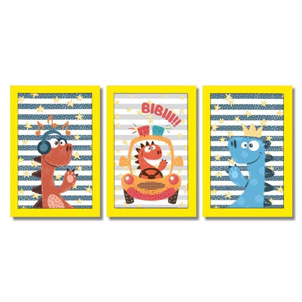 Kit Quadros Infantil Dinossauro Kids 20x30 3 Peças Título Moldura Amarela