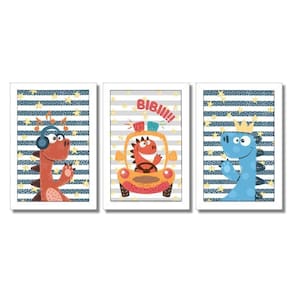 Kit Quadros Infantil Dinossauro Kids 20x30 3 Peças Título Moldura Branca