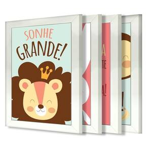 Kit 4 Quadros Infantil Leão Animais Bichos Frases 20x30cm Título Moldura Branca