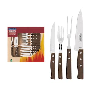 Jogo De Talheres Para Churrasco Em Aço Inox Com Cabo De Madeira Natural 14 Peças