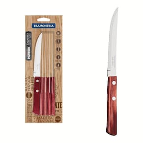 Conjunto De Facas Para Churrasco 5" 6 Peças Em Aço Inox E Cabos Madeira Polywood Vermelho