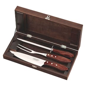Kit Para Churrasco Em Aço Inox Cabo Vermelho Polywood Com Estojo De Madeira 4 Peças