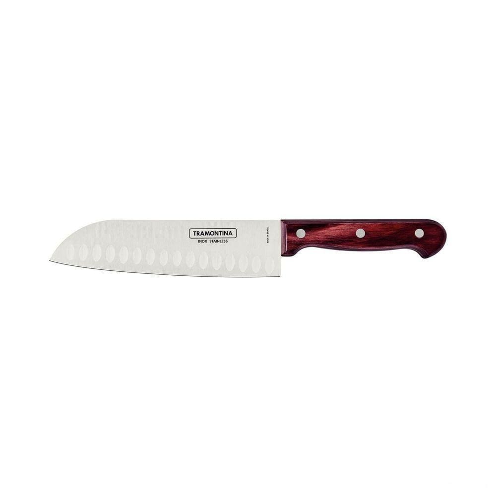 Faca Santoku Tramontina 7" Em Aço Inox E Cabo De Madeira Polywood Vermelho Tramontina