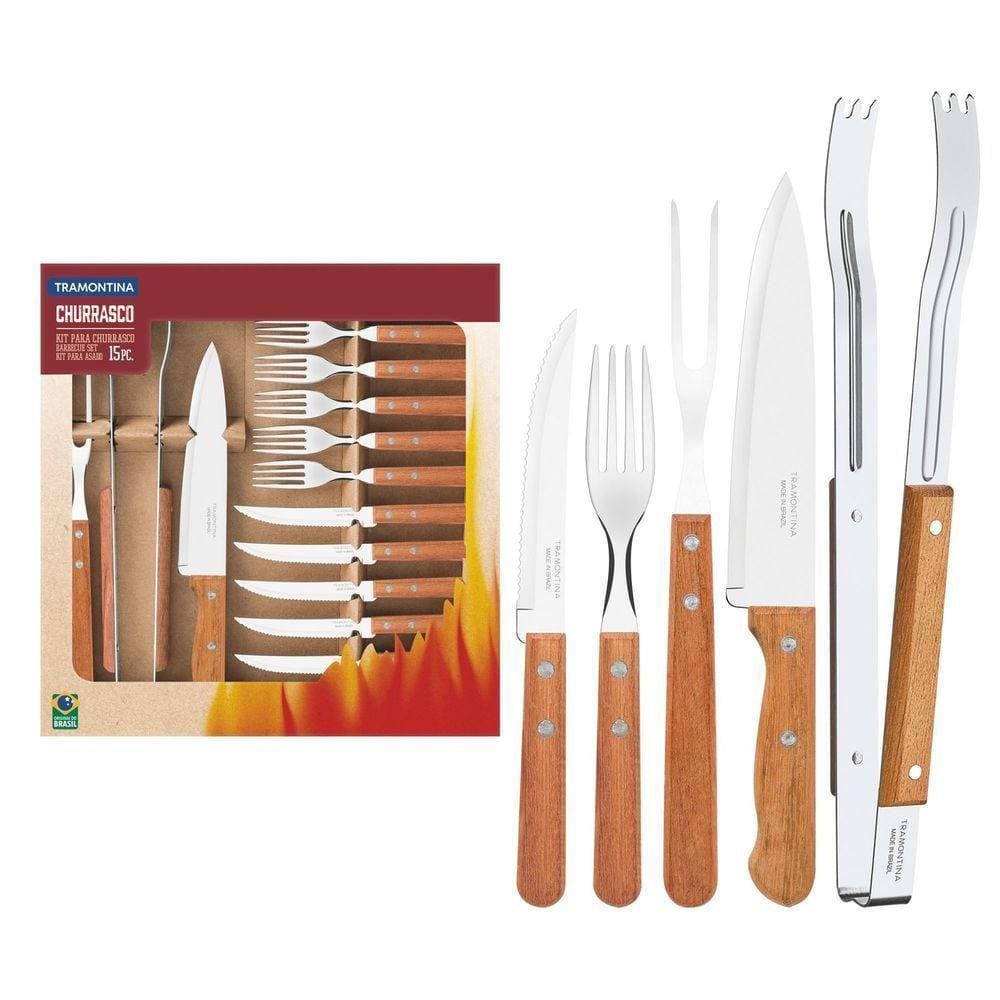 Kit Para Churrasco Tramontina Em Aço Inox Com Cabo De Madeira Natural 15 Peças Tramontina