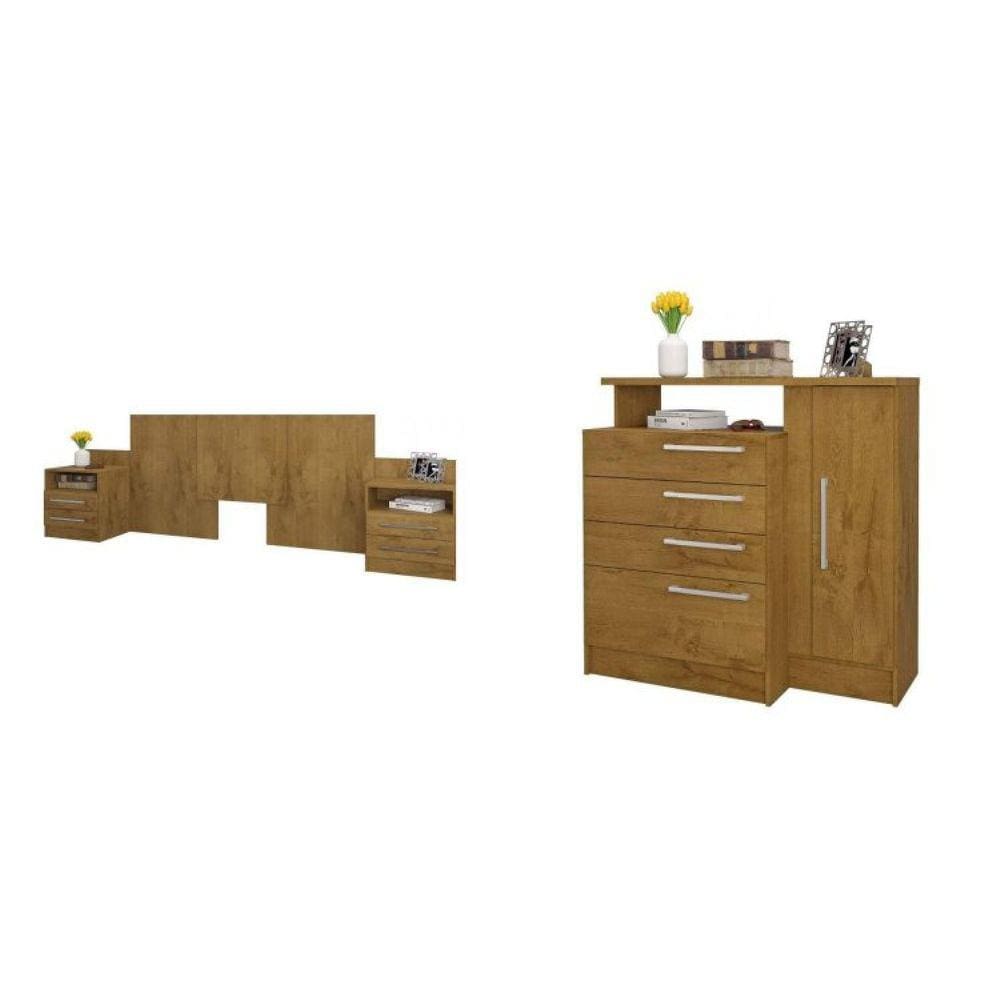 Conjunto Quarto Casal Cabeceira Extensível e Cômoda 1 Porta e 4 Gavetas Espresso Móveis Canelato Rústico
