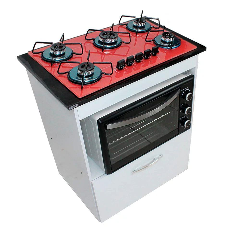 Kit Balcão Salvia Branco com Cooktop Vermelho 5 Bocas e Forno Elétrico 60l 220v