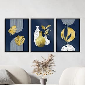 Kit 3 Quadros Abstratos Azul E Dourado Folhas 33X24Cm - Com Vidro