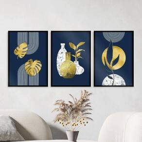 Kit 3 Quadros Abstratos Azul E Dourado Folhas 24X18Cm - Com Vidro