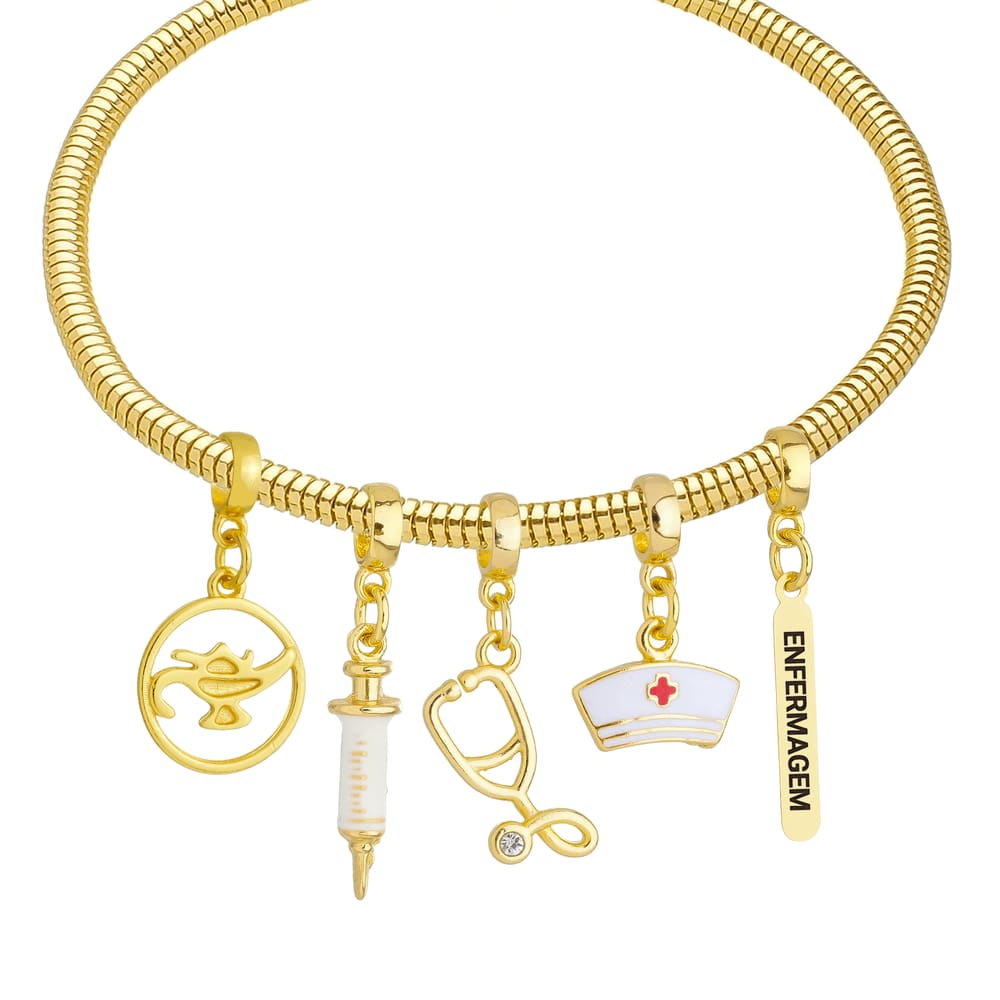 Pulseira Profissão Enfermagem Para Pandora Banhado a Ouro 18k