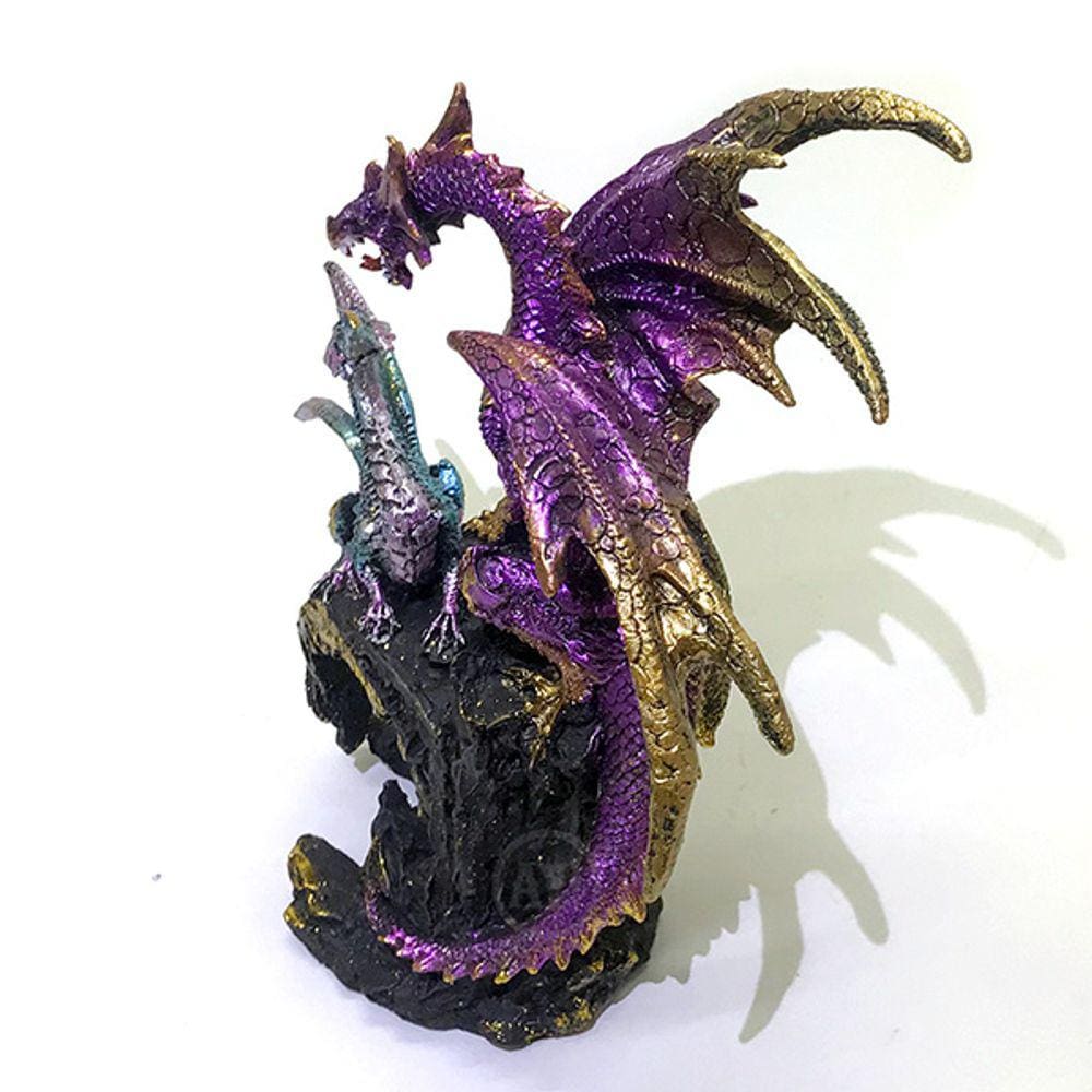 Estatueta Dois 2 Dragões Roxo e Azul Enfeite em Resina 27cm Altura