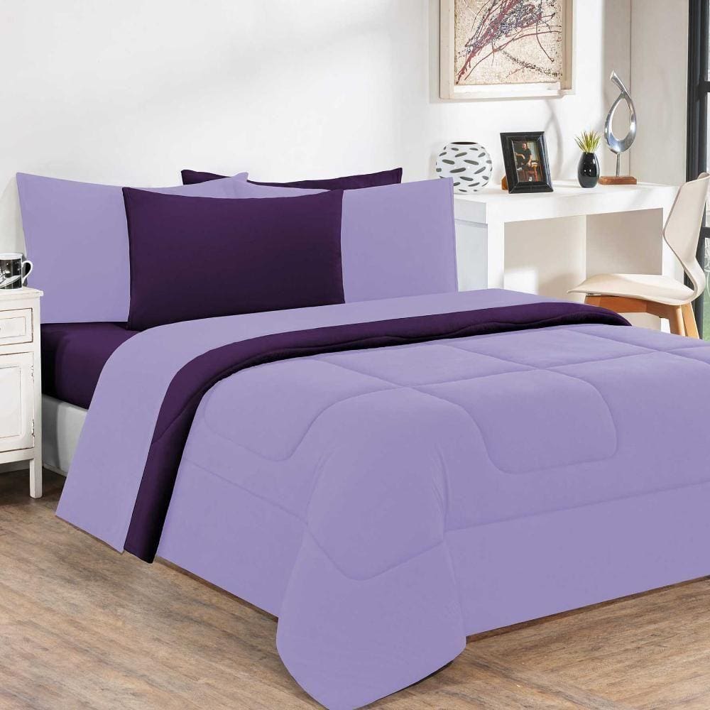 Kit Edredom + Jogo De Lençol Malha 100% Algodão Gran Moratta 7 Peças Queen - Lilás-roxo