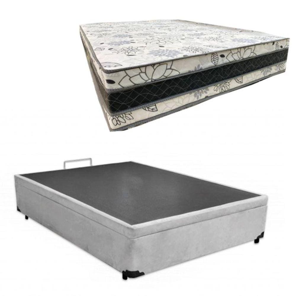 Cama Base Box Baú Casal Super Confort Suede Cinza + Colchão Casal Super Confort D33 28x138x188