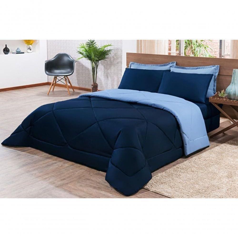 Kit Edredom + Jogo De Lençol Aconchego Dupla Face Solteiro 04 Peças - Azul Marinho E Azul