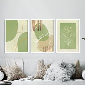 Kit 3 Quadros Abstratos Verde/Bege 45x34cm - Decoração