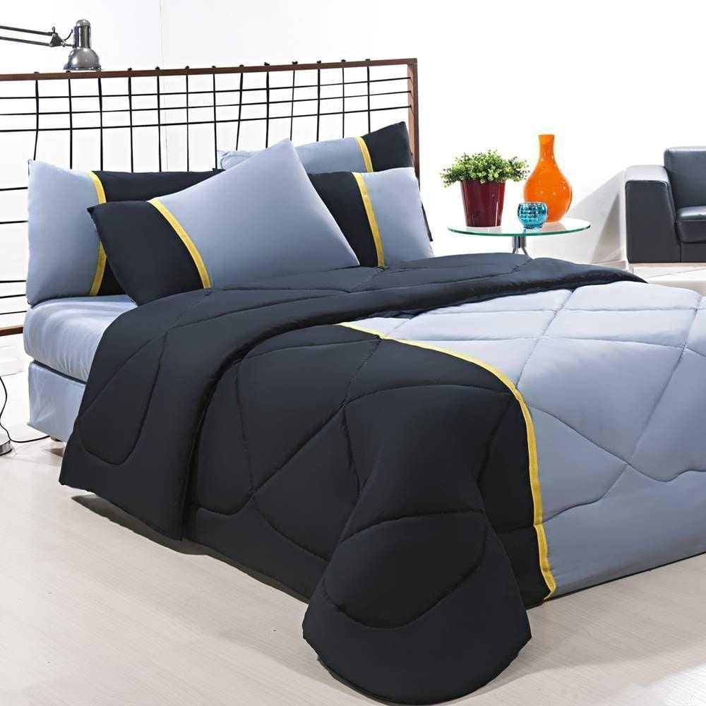 Enxoval Edredom + Jogo De Cama Queen Aconchego Premium 06 Peças - Preto- Cinza