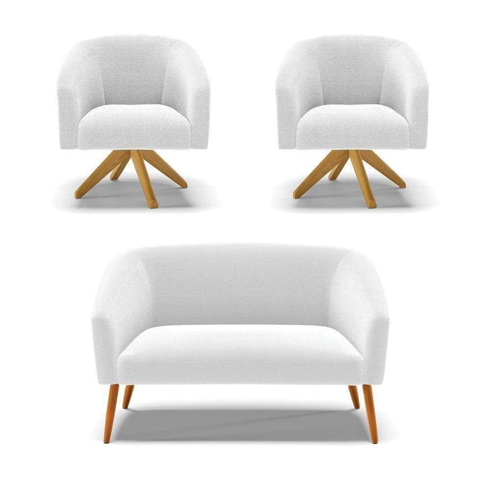 Kit 1 Sofá Namoradeira E 2 Poltronas Stella Bouclê Base De Madeira Ma30 - D`rossi Cor Off White