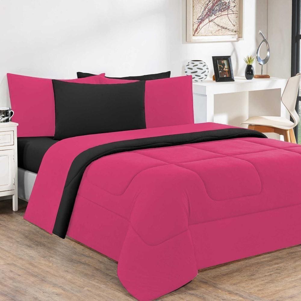 Kit Edredom + Jogo De Lençol Malha 100% Algodão Gran Moratta 7 Peças Queen - Pink -preto