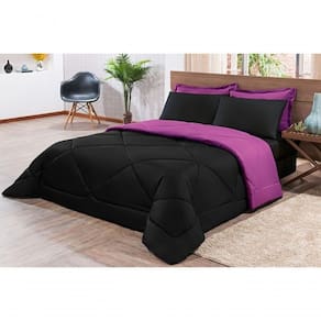 Kit Edredom + Jogo De Lençol Aconchego Look House Dupla Face Solteiro 04 Peças - Preto- Roxo