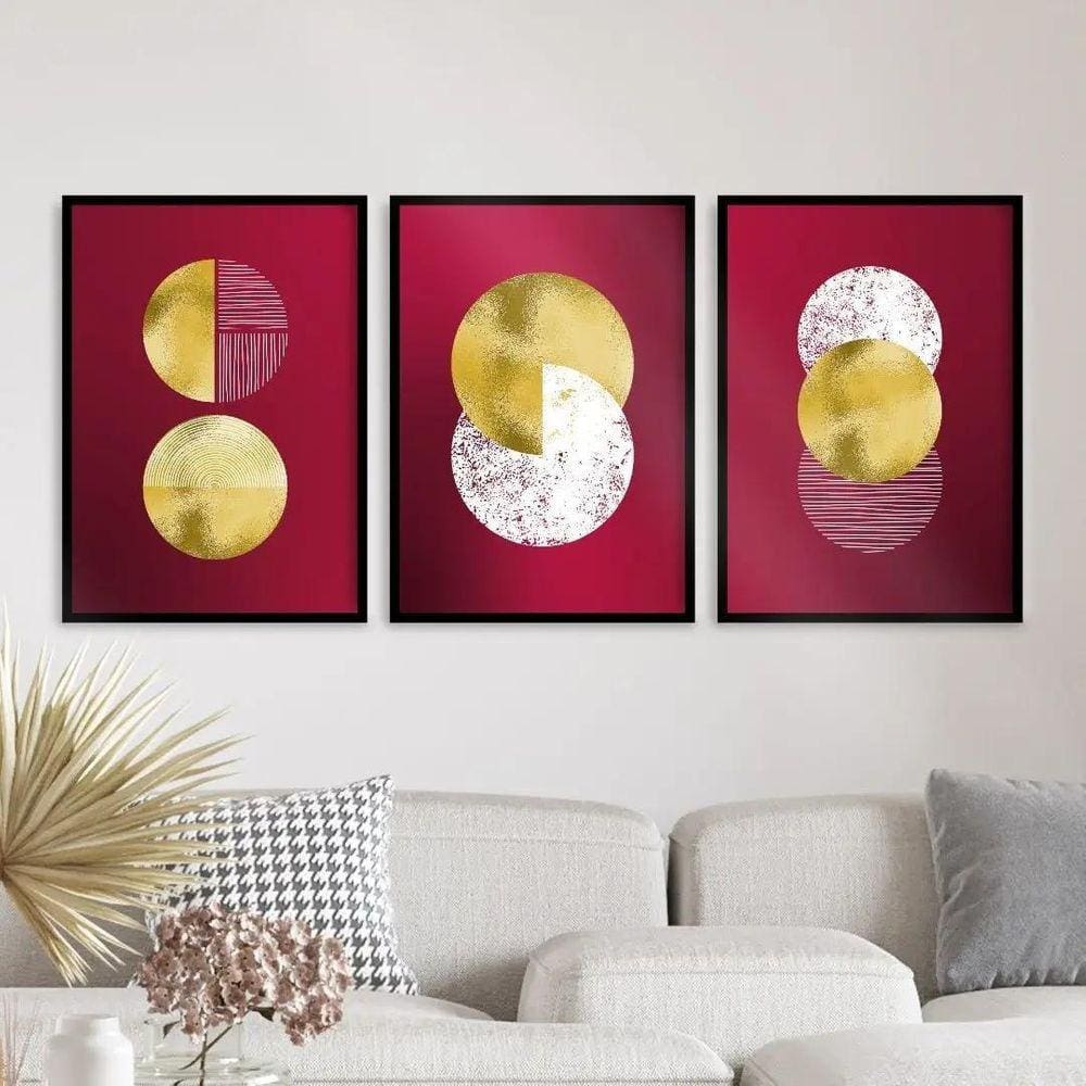 Kit 3 Quadros Abstratos Circ. Vinho/Dourado 24x18cm