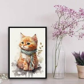 Quadro Gatinho Aquarela 24x18cm - Moldura Preta