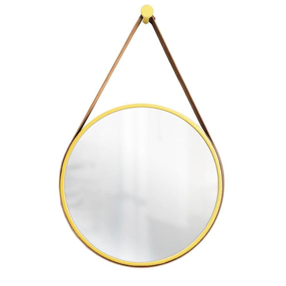 Espelho Decorativo Adnet Amarelo Alça Corino Caramelo 40Cm