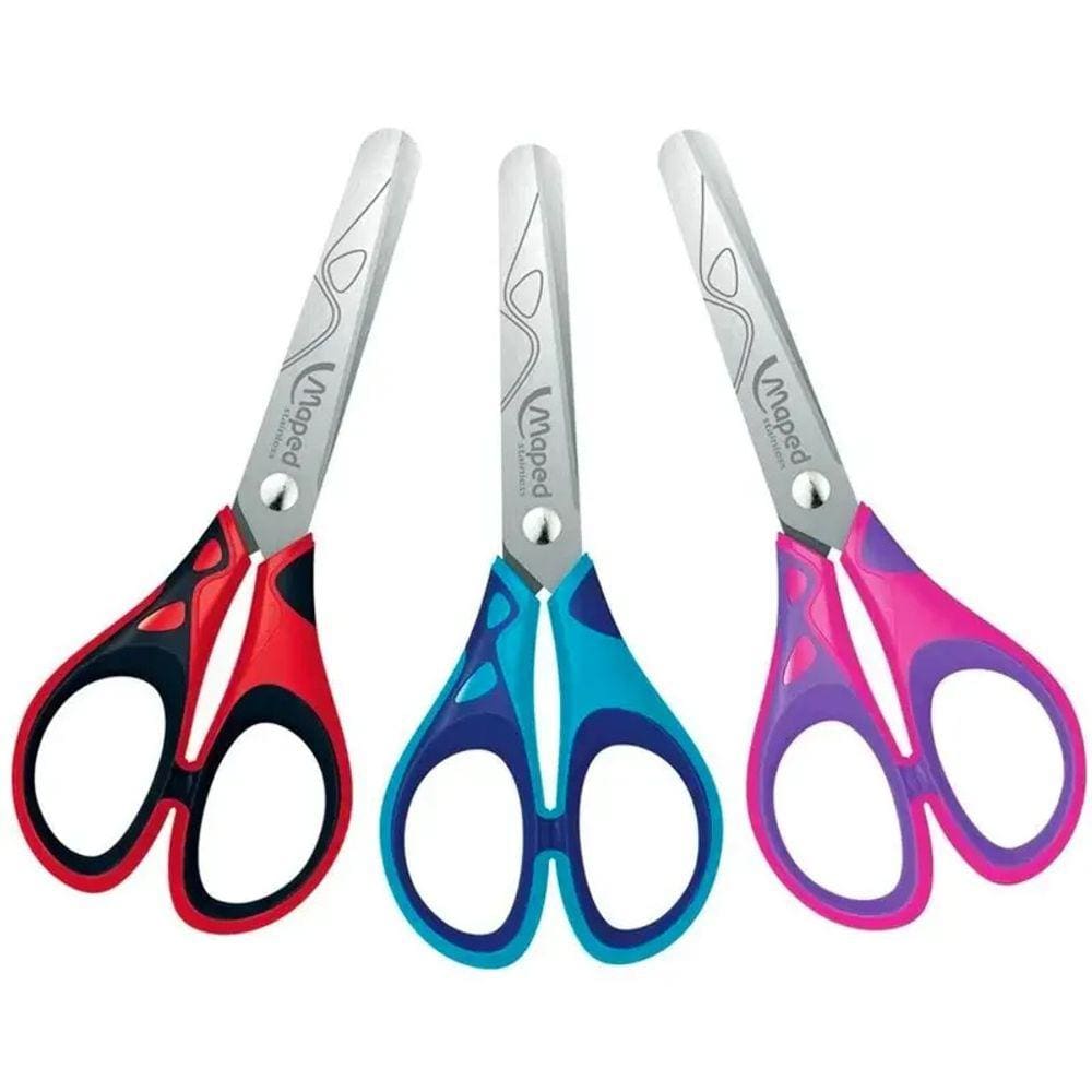 Kit 03 Tesoura Escolar 13cm Essentials Pulse Soft Colorida Cabo Emborrachado Maped
