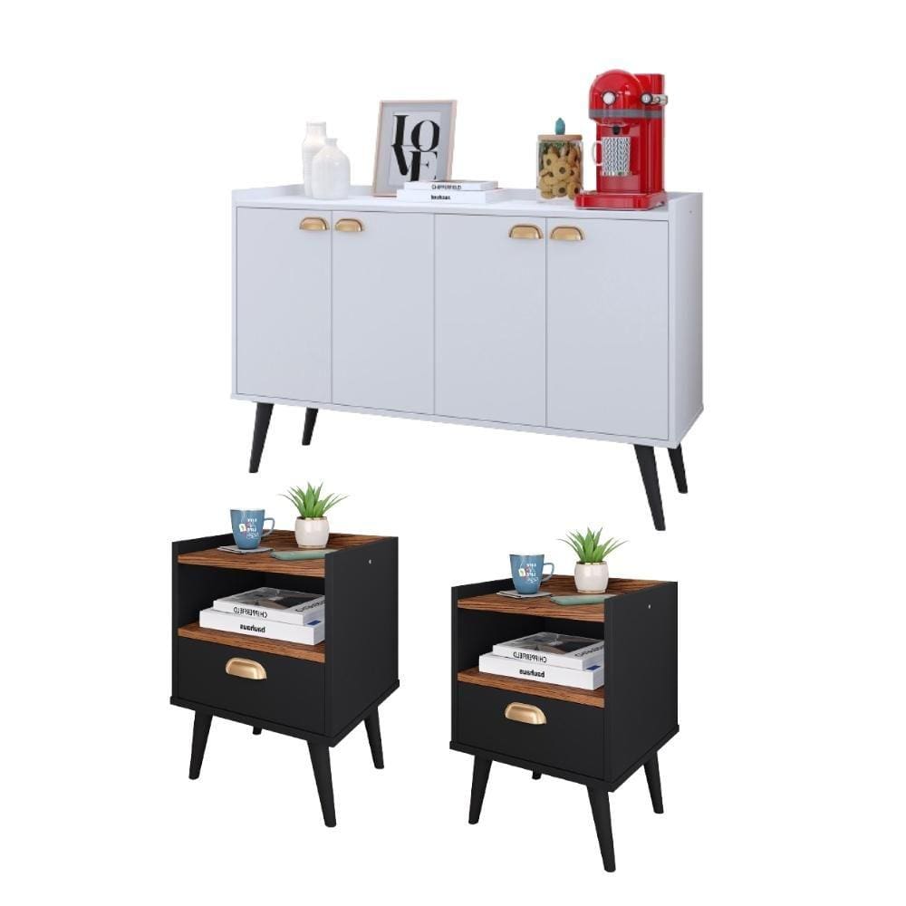 Kit 2 Mesinhas Cabeceira Estilo Retrô Preto/Freijó 1 Gaveta Nicho Decorativo e Buffet Kiev Cantinho Café Branco - RPM Móveis