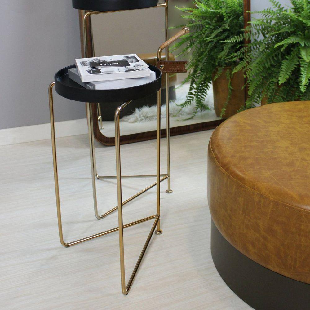Mesa Lateral de Apoio Tampo Redondo Leon Preto/Dourado