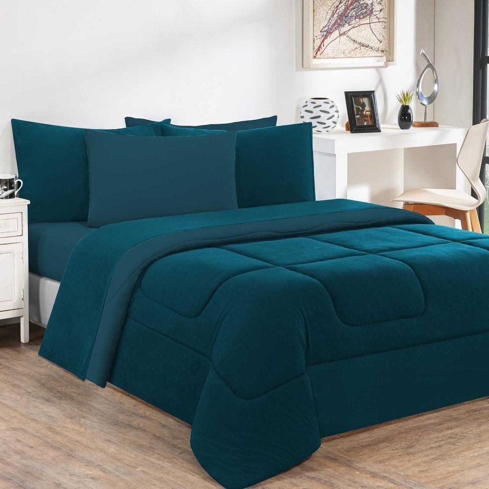 Kit Edredom + Jogo De Lençol Malha 100% Algodão 5 Peças Solteiro - Azul Petróleo-azul Petróleo
