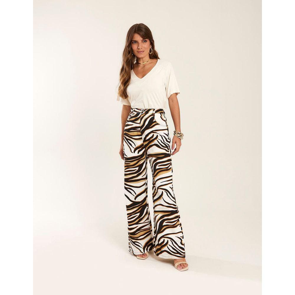 Calça Zinzane Feminino Pantalona Sarja Estampada - Areia