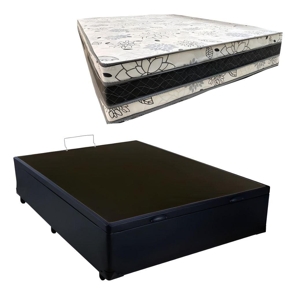 Cama Base Box Baú Casal Super Confort Sintético Preto + Colchão Casal Super Confort D33 28x138x188