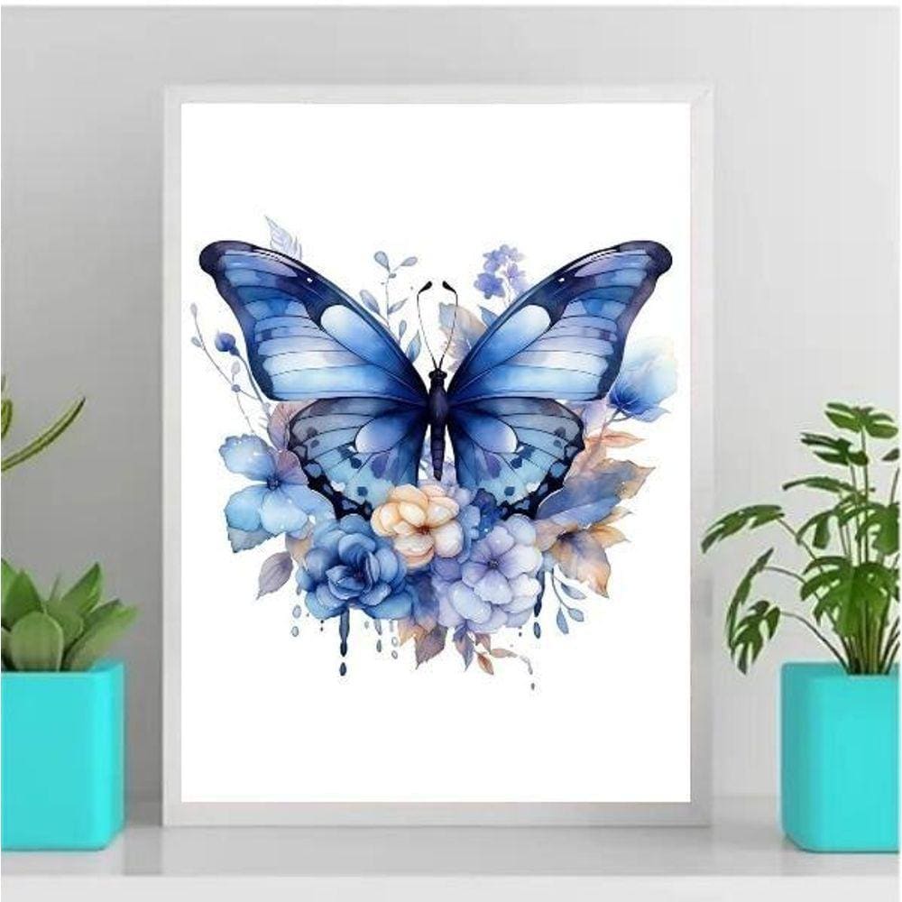Quadro Borboleta Azul Aquarela 33x24cm - Moldura Preta
