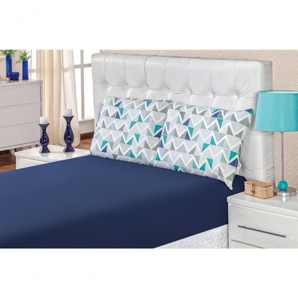 Jogo De Cama Malha Queen Quality 03 Peças - Geométrico Azul