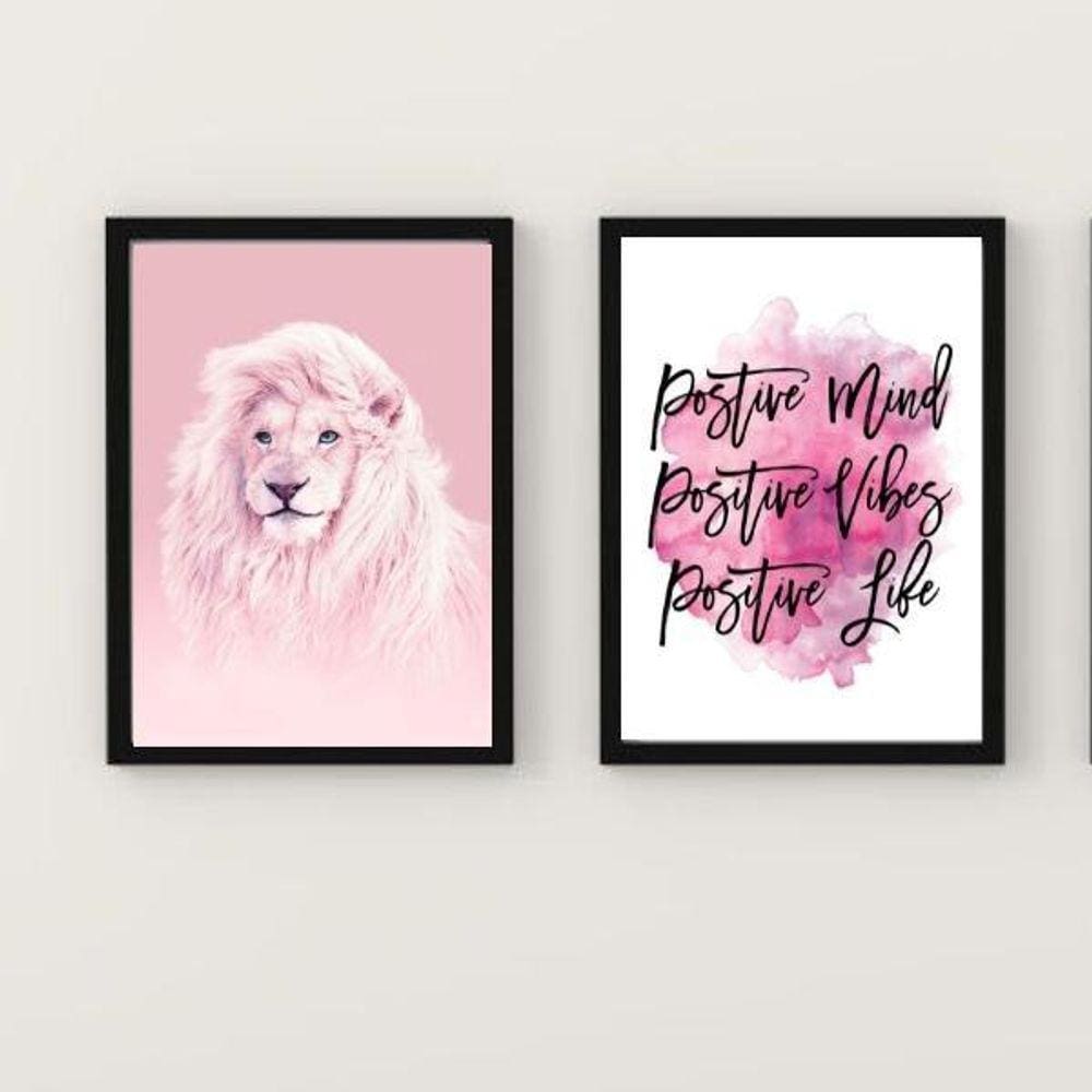 Kit 2 Quadros Leão Rosa Positive Vibes 24X18Cm - Com Vidro