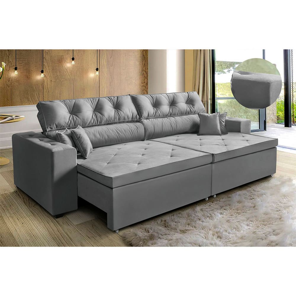 Sofá New Austin  2,02 m Retrátil com Molas  Cinza