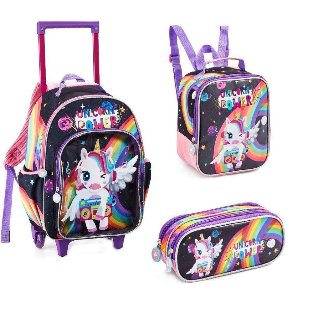 Kit Com 3 Peças Mochila Com Rodas Lancheira E Estojo Escolar Unicórnio