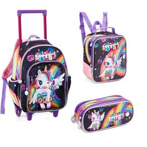 Kit Com 3 Peças Mochila Com Rodas Lancheira E Estojo Escolar Unicórnio