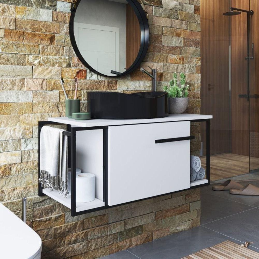 Gabinete Suspenso Para Banheiro 80cm P1019 Branco Com Cuba Berlin Preta Preto/Branco