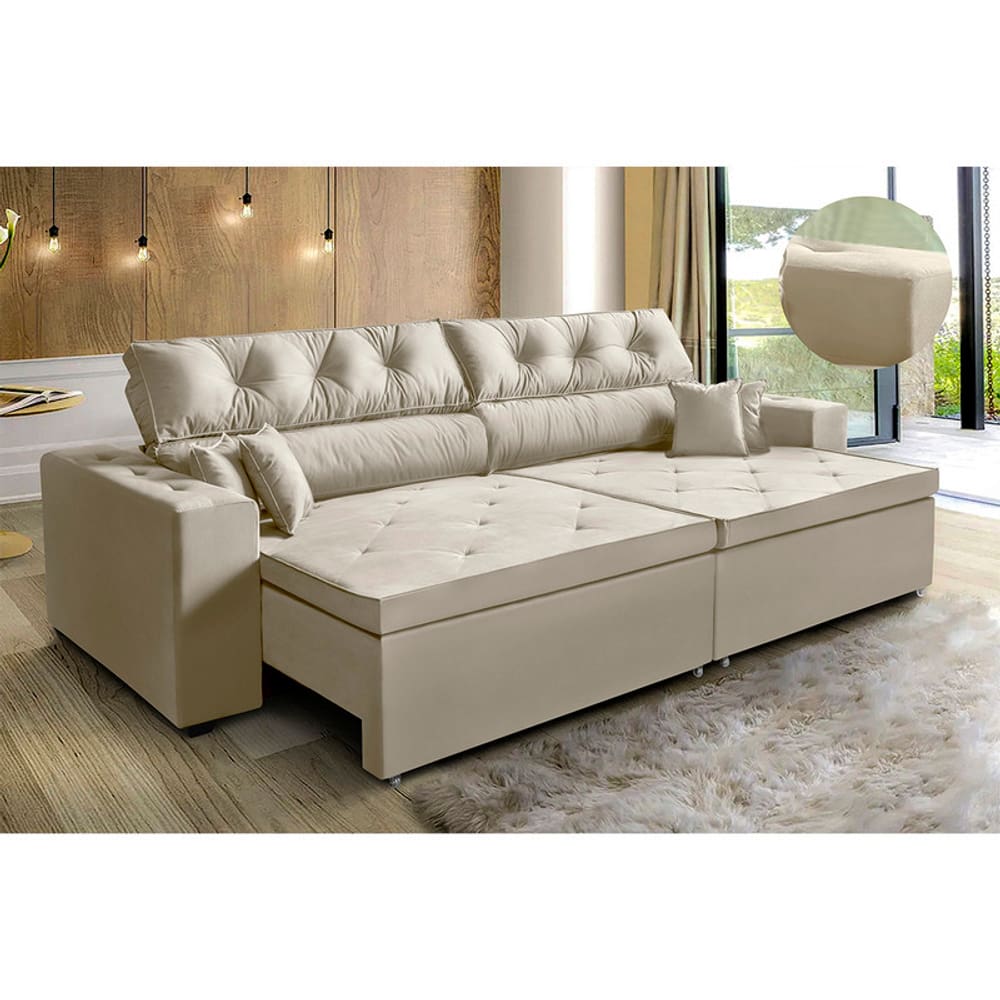 Sofá New Austin  2,02 m Retrátil com Molas  Bege