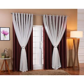 Cortina De Voil Com Forro Blackout Tecido 6,00X2,50 Sala E Quarto Marrom/Branco