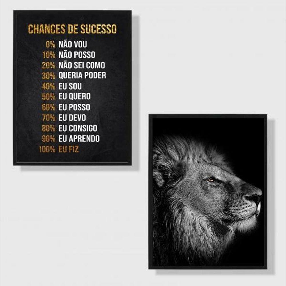 Kit 2 Quadros Motivacionais Leão Sucesso 33X24Cm - Com Vidro