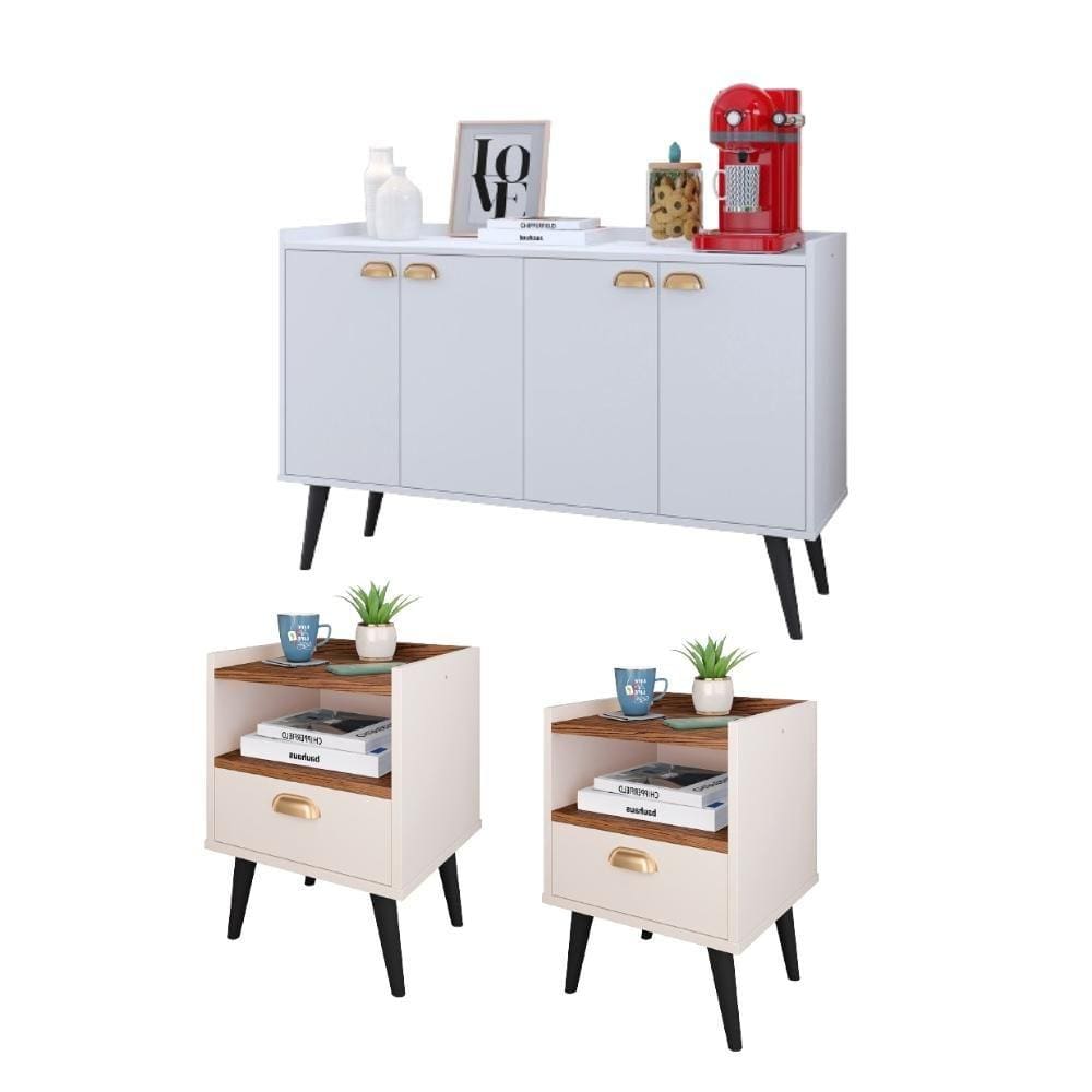 Kit 2 Mesinhas Cabeceira Estilo Retrô Off White/Freijó 1 Gaveta Nicho Decorativo e Buffet Kiev Cantinho Café Branco - RPM Móveis
