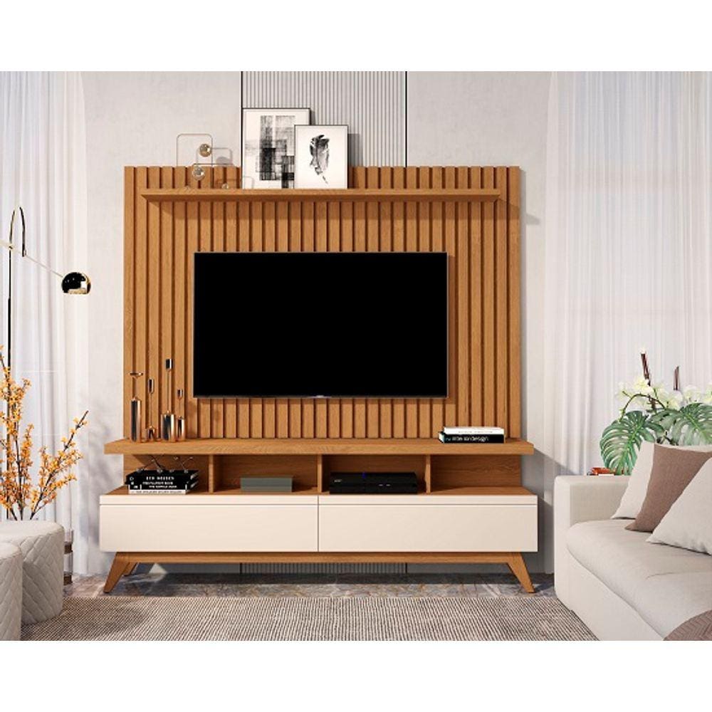 Rack Vivare 1.6 Wood Com Painel Classic Ripado Para TV Até 65 Polegadas Nature/Off White - Giga Móveis
